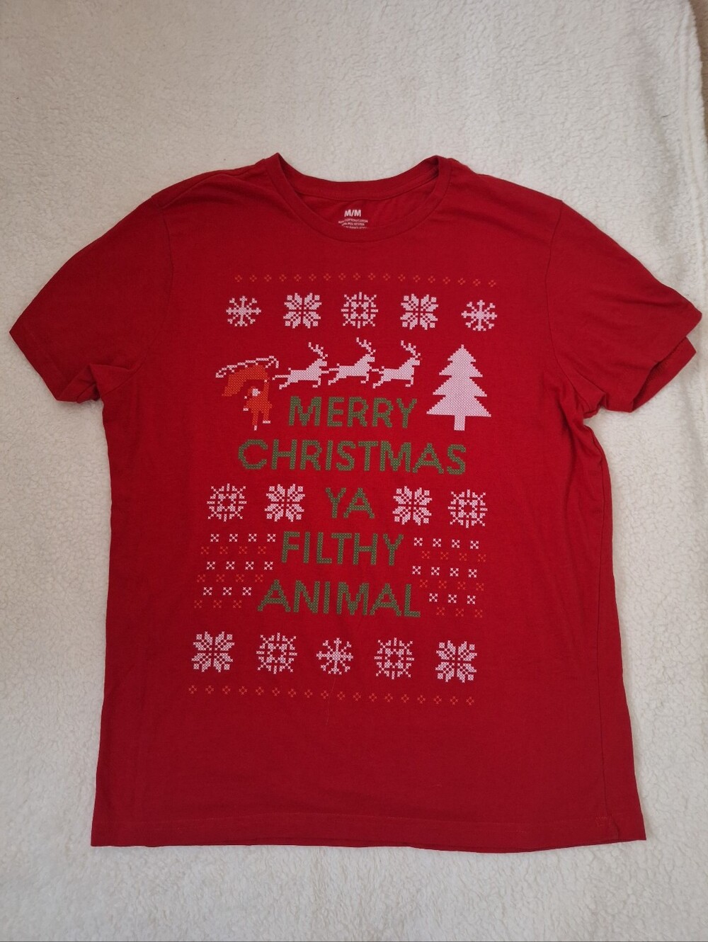 Women's Red Holiday Graphic Tee - Merry Christmas Ya Filthy Animal M